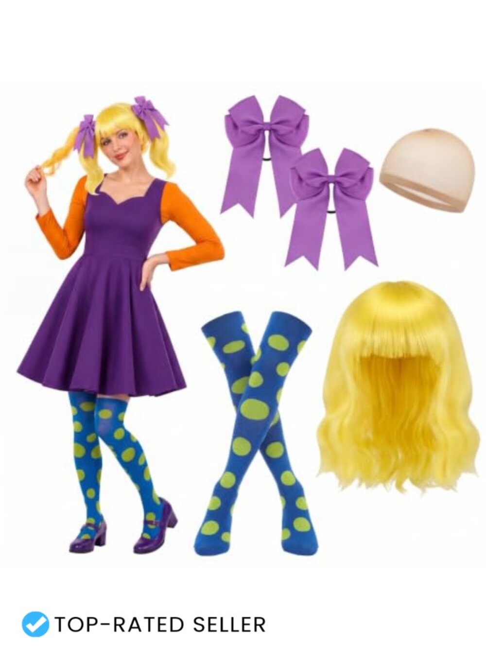 Glitopper 3 Pack Halloween Costume Set Wavy Wig Bow Hair Ties Polka Dot